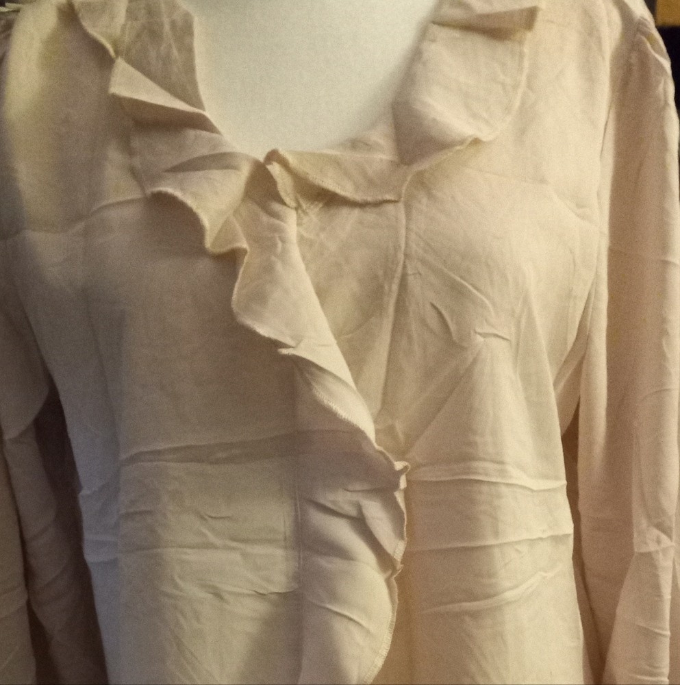 New,elegant beige ruffled front blouse  with v-neck ruffle collar front size med